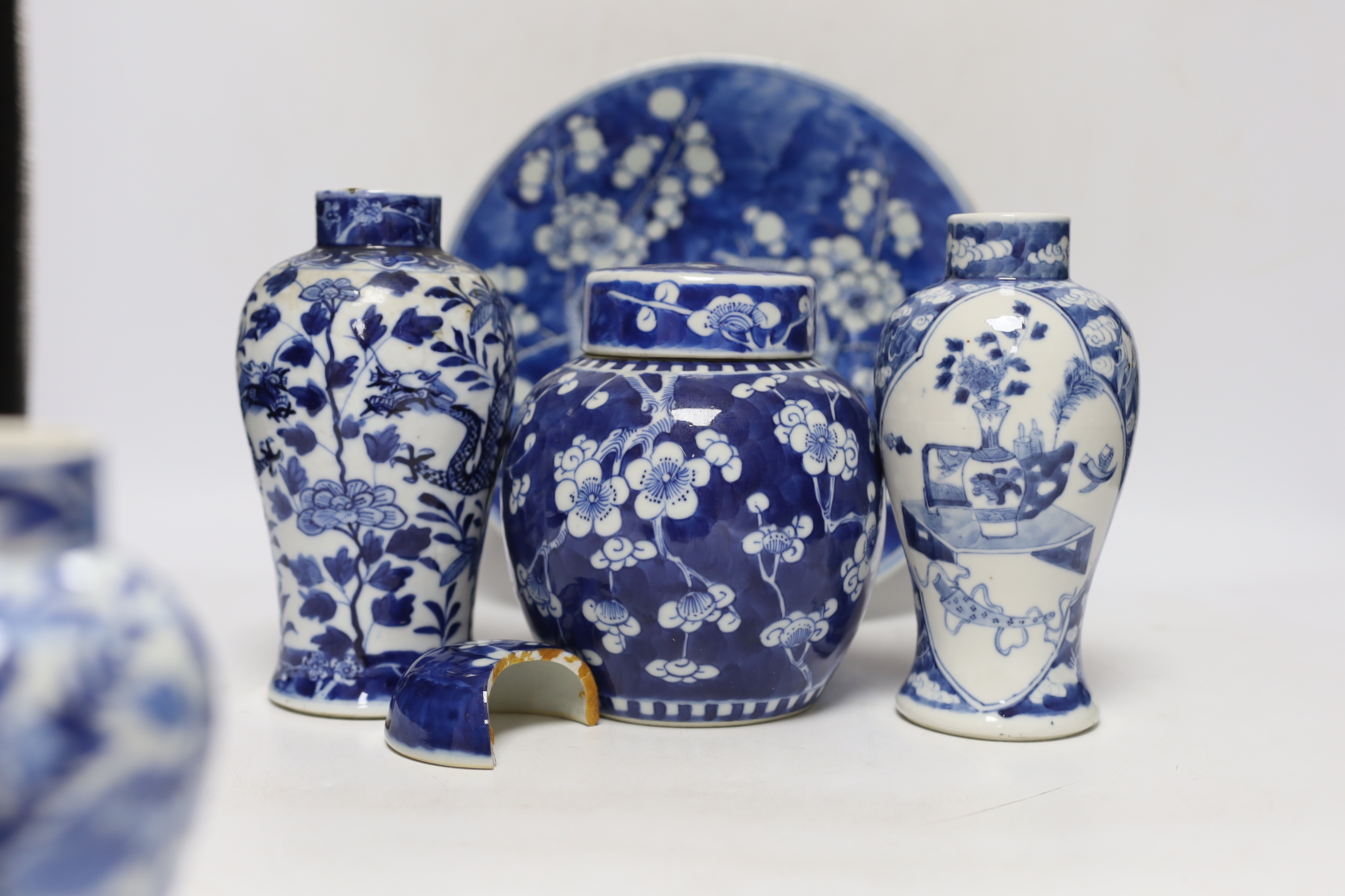 An 18th century Chinese export blue and white dish together with other various Chinese blue and white ceramics and a Worcester teabowl and saucer (13)